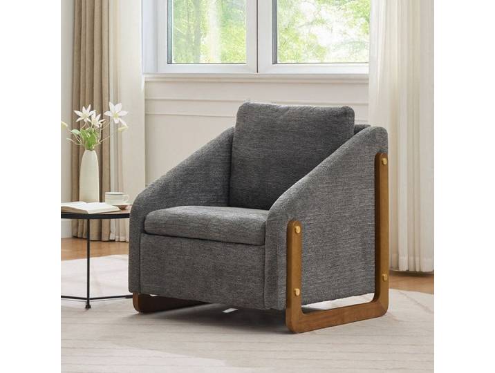 COVREO Fauteuil lounge 1 place gris en tissu chenille avec accoudoirs en bois 73 5 x 73 5 x 73 5 cm