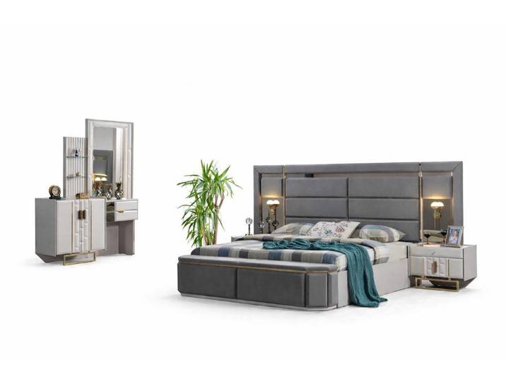 JVmoebel Schlafzimmer-Set Schlafzimmer Set Modern Grau Bett Nachttische Stoff Designer-Bett, (3-tlg)