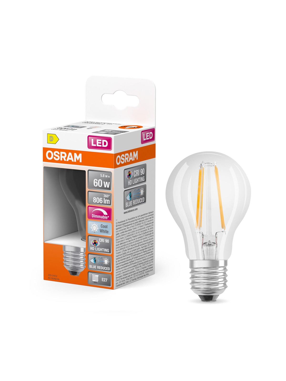 Osram LED-Lampe LED Comfort standard filament 806lm 5.8W/940 (60W) dimmable E27
