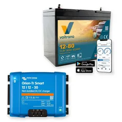 Voltrana Ladebooster-Set 12,8V 80Ah Lithium LiFePO4 Batterie mit Victron Orion-Tr Smart 12/12-30A