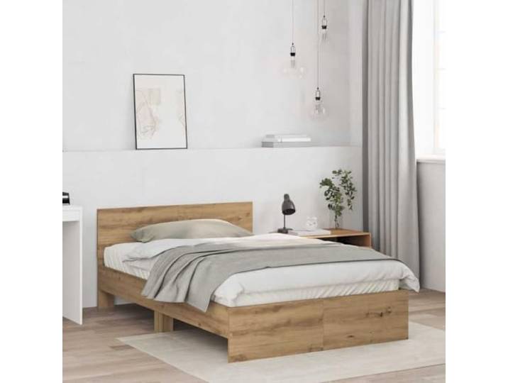 KTHLBRH Bettgestell Eiche Handwerk 193 x 125 x 70 cm Technisches Holz, Kopfteil inklusive, Wandmontage, max. 200 kg