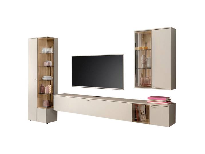Venjakob Wohnwand, Weiss, Eichefarben, Glas, Holzwerkstoff, Eiche, 12 Fächer, 320x208x43 cm, Goldenes M, Made in Germany, Dgm, DGM-Klimapakt, DGM-Emissionslabel, Typenauswahl, hängend, Wohnzimmer, Wohnwand, Komplette Wohnwand