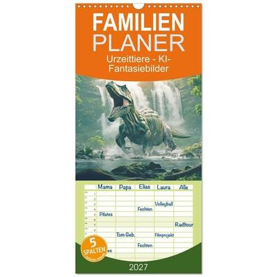 Familienplaner 2027 - Urzeittiere - KI-Fantasiebilder mit 5 Spalten (Wandkalender, 21 x 45 cm) CALVENDO