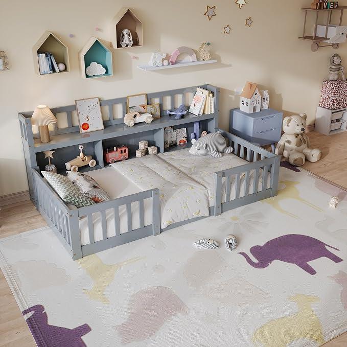 Kinderbett Bodenbett 90x200 mit Rausfallschutz, Hausbett Montessori Kinderbett 90x200 seite mit 2 Bücherregal Modernes Bettgestell Kinderbetten Holz Stauraumbett Einzelbett für Kinde, Ohne Matratze