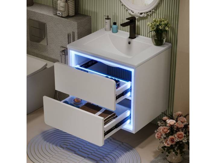 Meuble sous vasque mural vasque intégrée 2 tiroirs - TCQPZ - MDF céramique blanc 60 × 46 × 50 cm