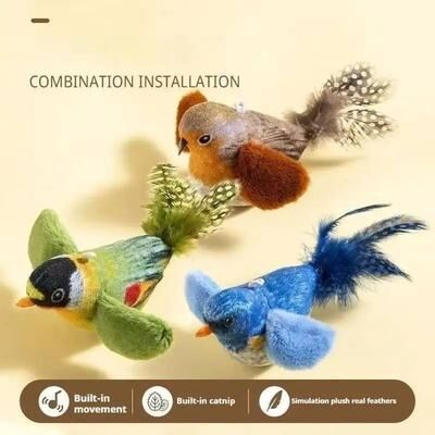 Inspired Living ChirpBird Interactive Cat Toy Hanging Sound Bird Teaser With Catnip For Indoor Cats 3pcs Bird Set