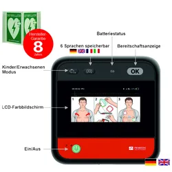 myPAD-M AED LCD-Farbbildschirm, klimatisierter Metallwandkasten & Winkelschild, DE/EN