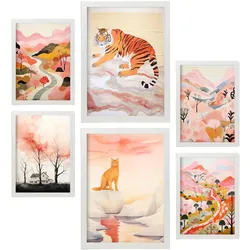 POSTER Set Mit 6 Tiger & Katzen Cartoon A3 & A4 Weißer Rahmen