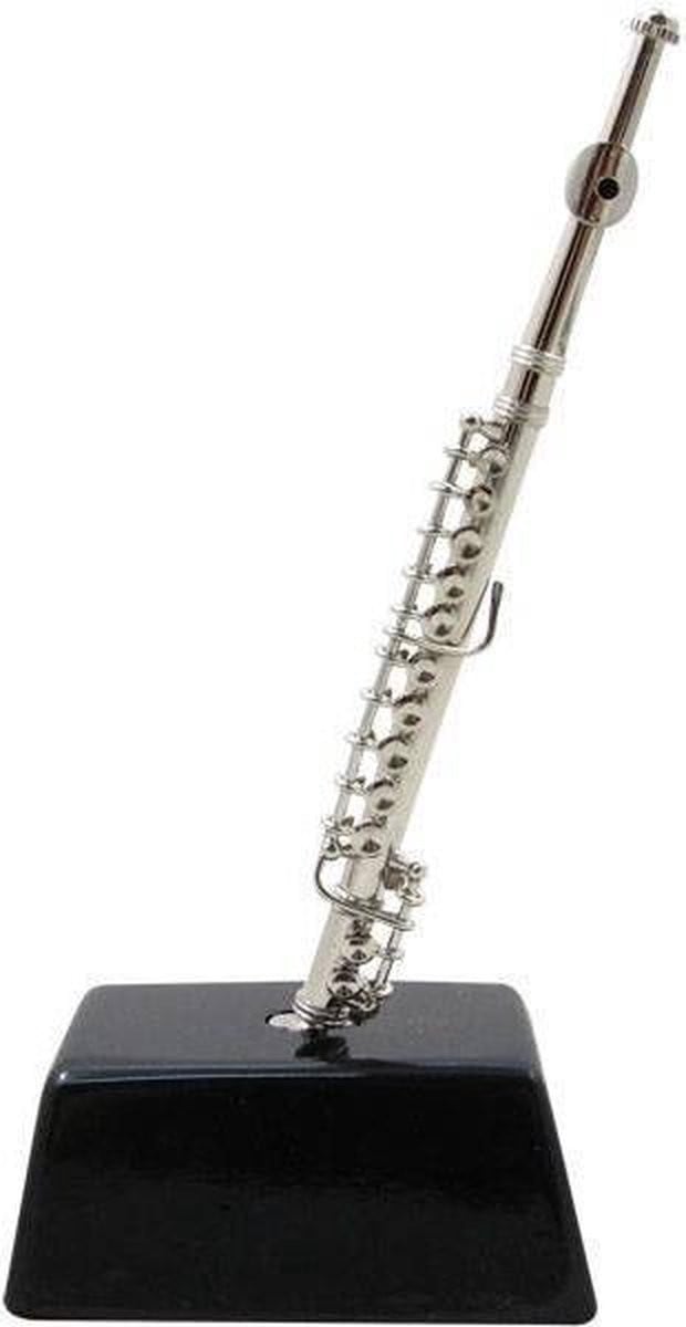 Miniatuurinstrument dwarsfluit zilverkleurig met sokkel voor volwassenen