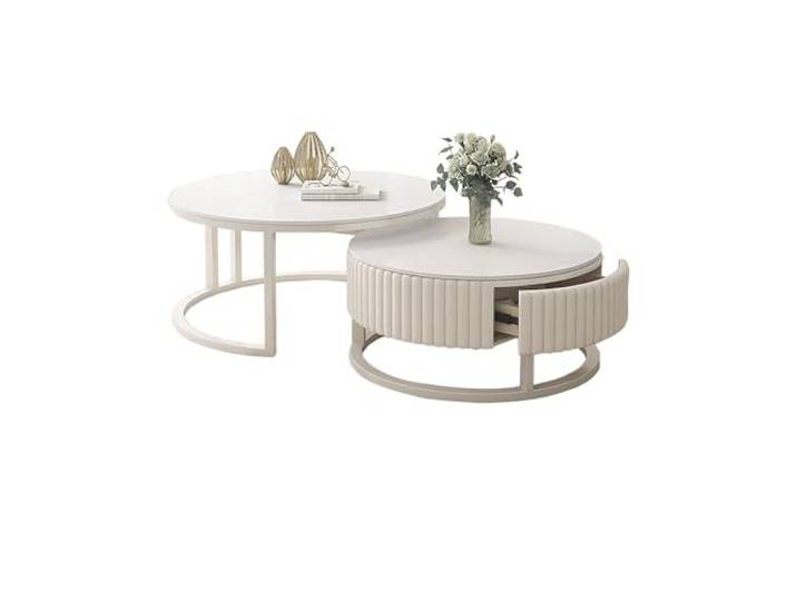 JPQTRYDRIS Couchtisch Rund 2er Set Runder Weiß Wohnzimmertisch Coffee Table Mit Metallrahmen, Nested Beistelltisch Kaffeetisch Satztische Für Schlafzimmer Wohnzimmer
