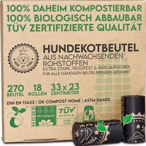 HUND-IST-KÖNIG Hundekotbeutel biologisch abbaubar, 270 Beutel (18 Rollen je 15 Beutel), 23 x 33cm, 15 Stück