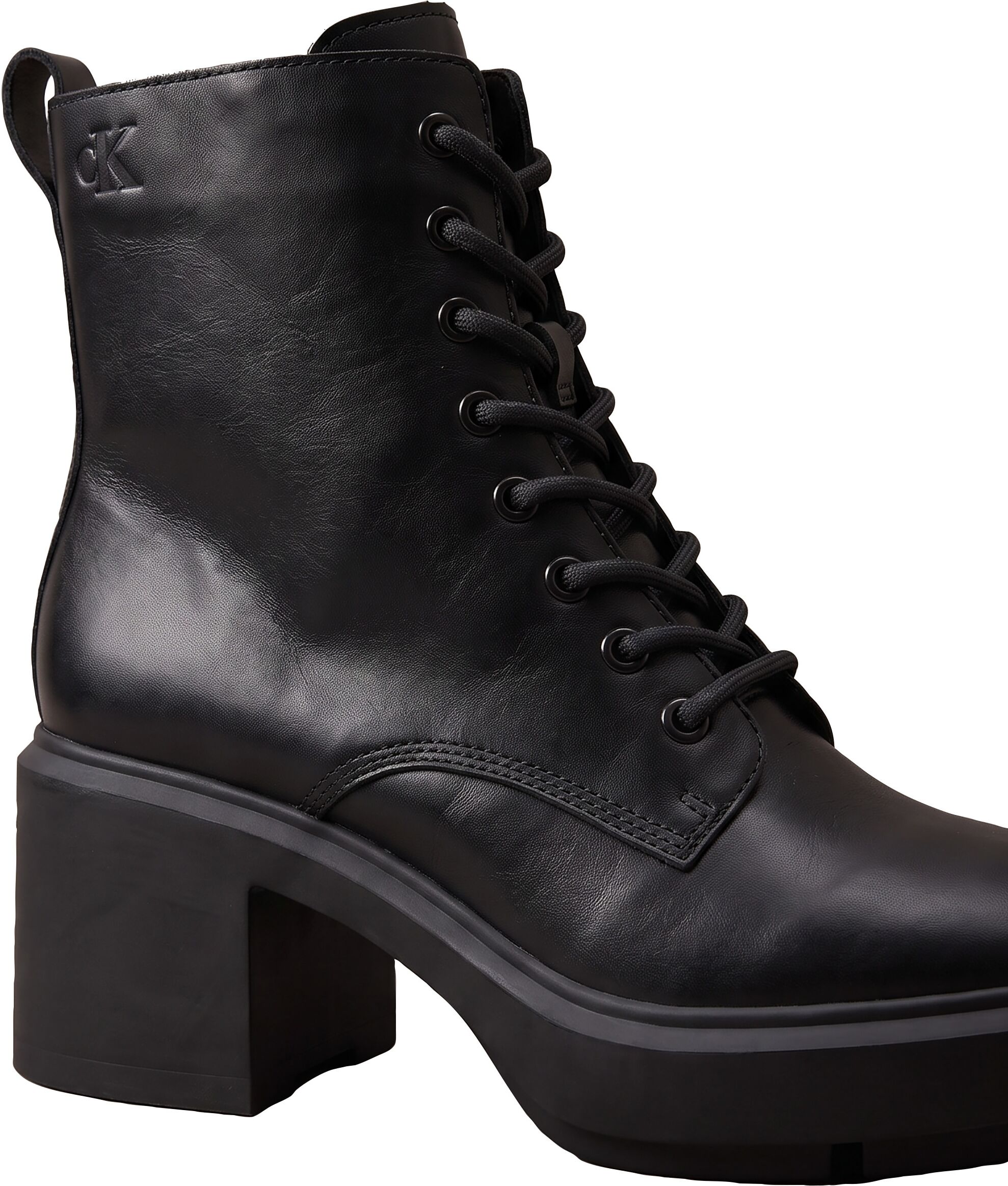 Schnürstiefelette CALVIN KLEIN "BLOCK HEEL ANK BOOT LACEUP LTH", Damen, Gr. 38, Leder Synthetik Textil, schwarz, unifarben, Schuhe Schnürstiefelette, Schnürboots mit Blockabsatz und Anziehlasche
