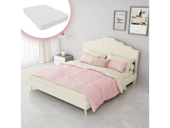Lit moderne minimaliste - Tête de lit douce et confortable - Dimensions 160x200 cm - Couleur beige