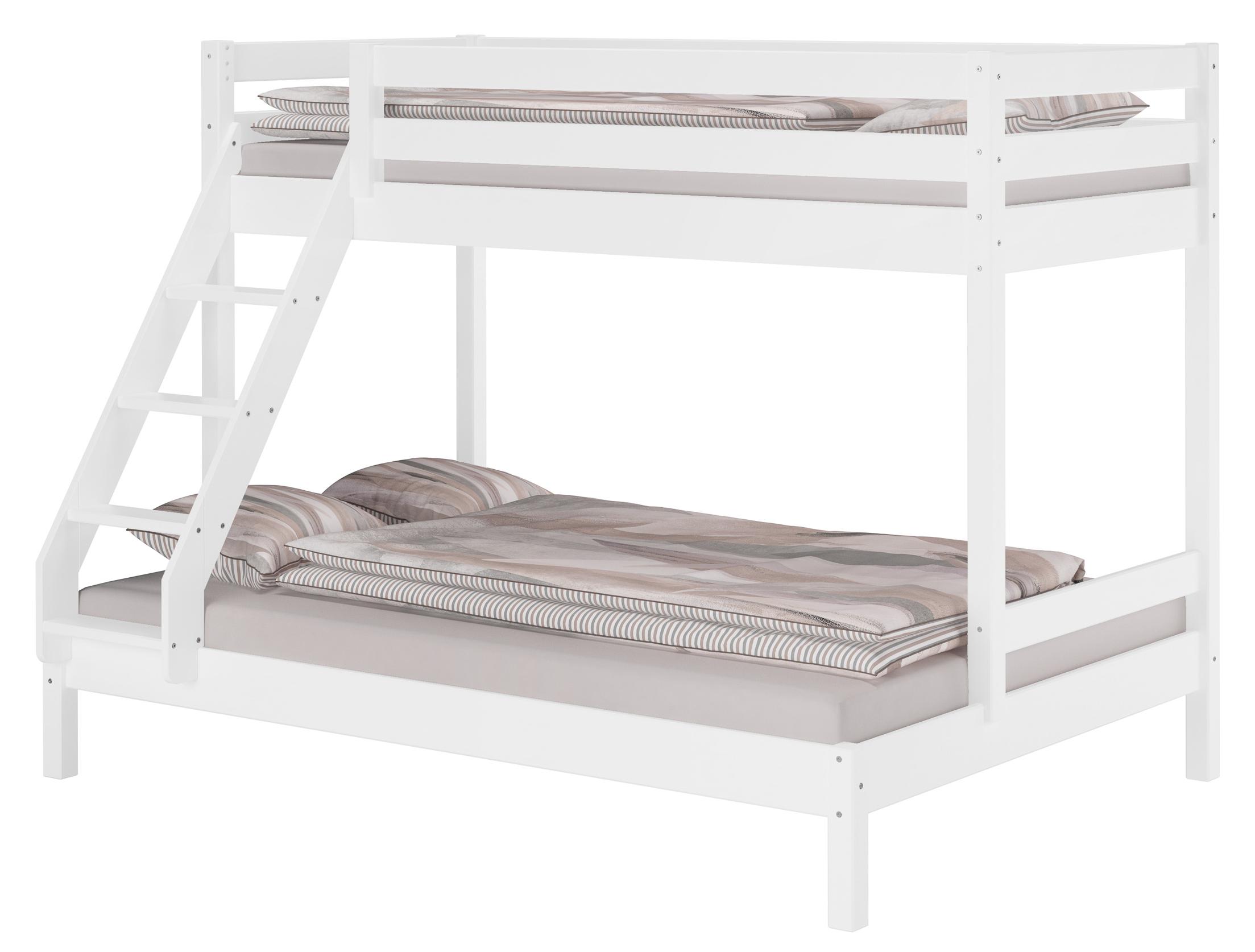 Doppel-Etagenbett 140x200 und 90x200 Erwachsenen-Stockbett Kiefer Massivholz weiß V-60.18W-09-14Rollrost und Matratze inkl.