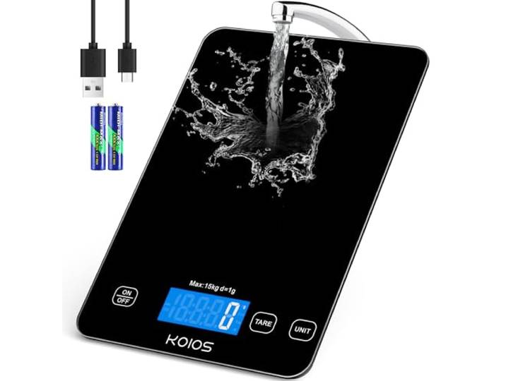 KOIOS Lebensmittelwaage, 15 kg, digitale Küchenwaage für Lebensmittel und Unzen zum Kochen und Backen, 1 g / 0.1 oz präzise Graduierung, 6 Gewichtseinheiten, Tara-Funktion