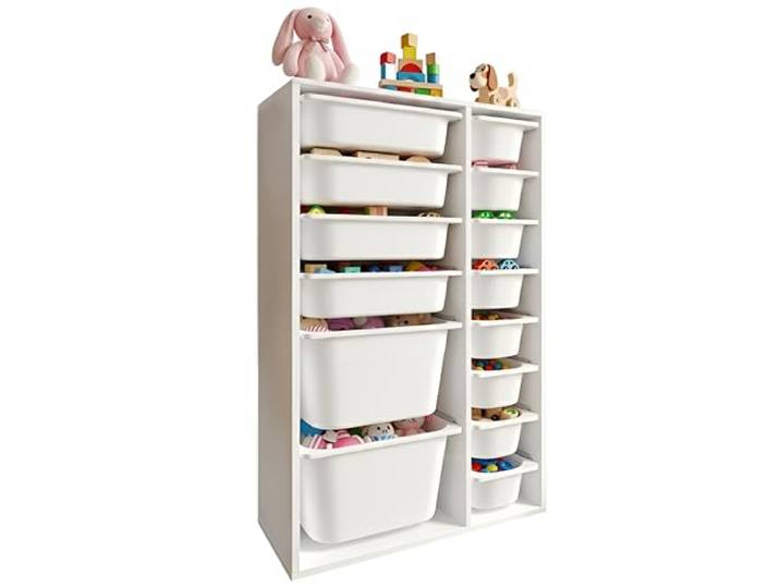 LEOKIDS Spielzeugaufbewahrung mit 14 Boxen – Kinderregal mit Spielzeugkisten für Kinderzimmer, Spielzeugschrank & Organizer, Weiß (14 Boxen, MDF)