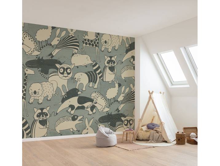 Fototapete KOMAR Vlies Fototapete - Wobble Zoo - Grösse 300 x 250 cm , grün (blau,beige,grau), B:3m H:250m, Vlies, Tapeten, Fototapete