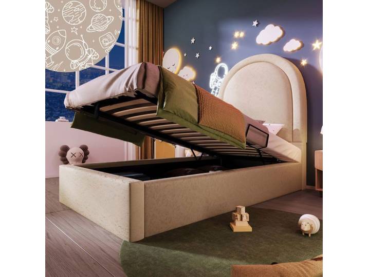Lit coffre 90x190 cmavec motif cosmique d'enfant rembourr Lit simple - SWEIKO - PU Beige LIT COMPLET