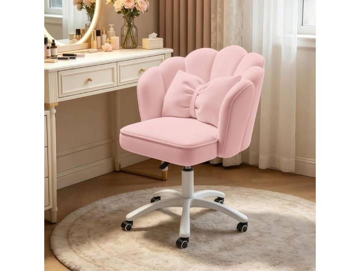 Chaise de bureau velours design pétale avec coussin noeud papillon à roulettes pour chambre dossier ergonomique rose