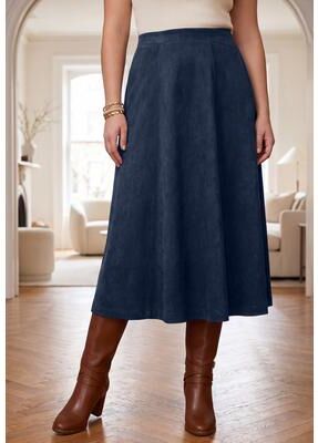 Plus Size Women's Stretch Faux Suede A-Line Midi Skirt by Jessica London in Navy (Size L)