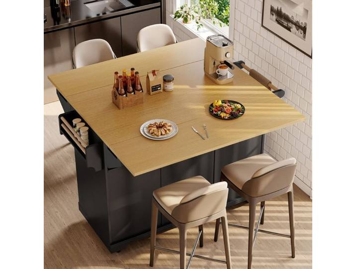 Îlot de Cuisine desserte de Cuisine avec Rangement Modulable et Porte Serviettes MDF Métal Noir 120×40 80×95 cm