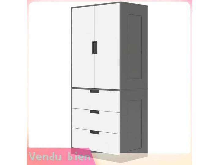 LIA Armoire chambre 2 portes 3 tiroirs gris/blanc 80x50x180cm