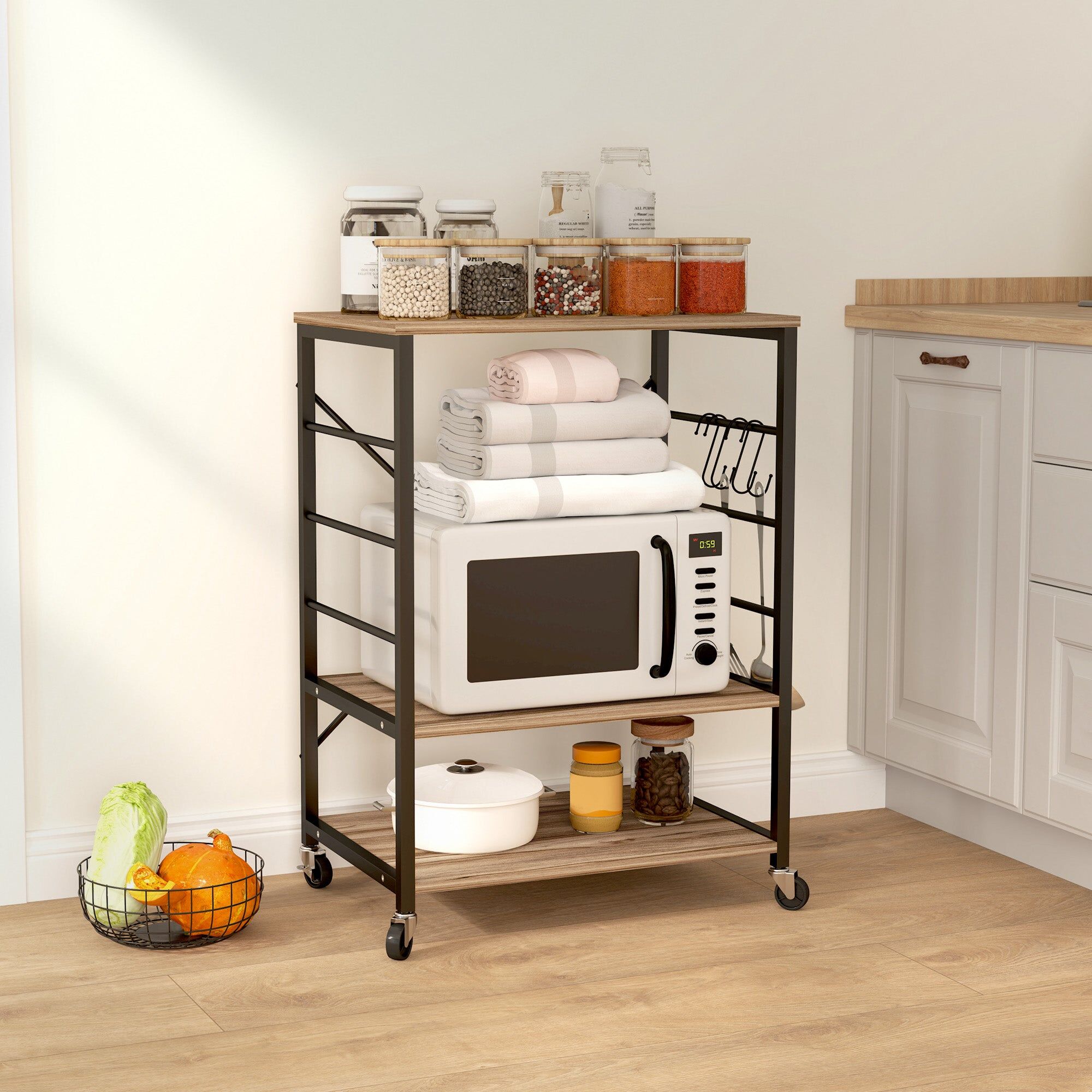 giordanoshop Carrello da Cucina a 3 Livelli Stile Industriale 60x40x84 cm Struttura in Acciaio e Pannelli in Teak...