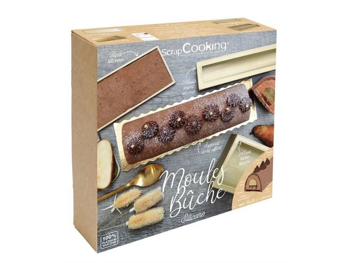 Scrap Cooking 3-tlg. Bûche Box mit Silikonformen m. Bûche, Einsatz, Backma - Material: Platin-Silikon - 105