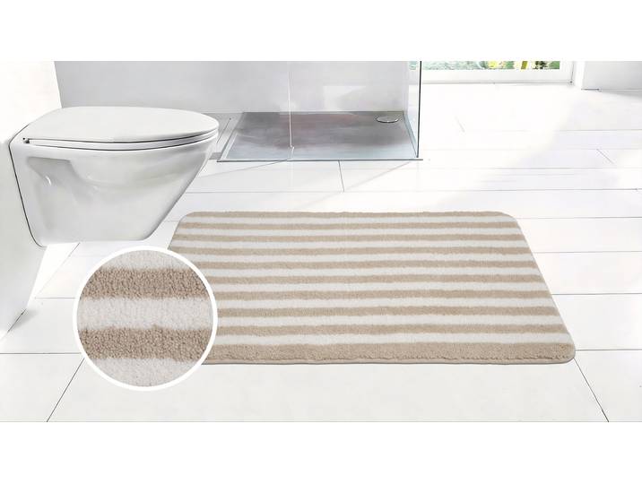 Badematte GOODPRODUCT Streifen, Jannika, Badvorleger, Badezimmer Teppich , beige (beige, weiß), H:12mm, Polyester, Badematten, Badematte, Scandi, modern, gestreift, Badteppich, Badematten