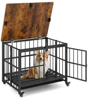Costway Foldable Dog Crate Furniture with Removable Tray and Lockable Door-S