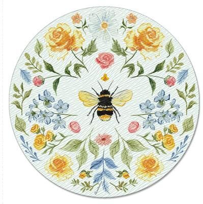 CounterArt "Floral Bee 4mm Heat Tolerant Tempered Glass Lazy Susan Turntable 13"" Diameter Cake Plate Condiment Caddy Pizza Server"