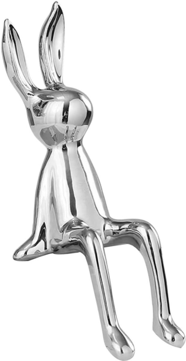 Zittend Konijn Ornament - Abstract Keramiek Bunny Beeldje - Zilverkleurig - Hoogte: 21,5 cm
