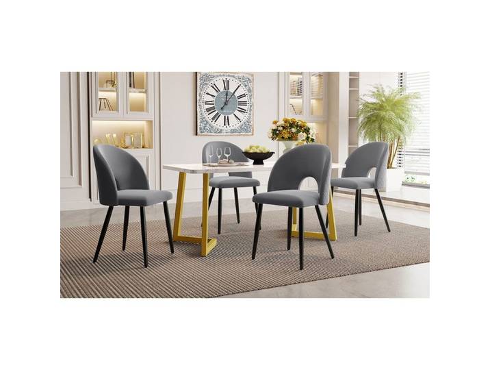 Ensemble Table 4 Chaises Velours Gris Table Rectangulaire FloraGrace Pour Cuisine Pieds Réglables 117x68x75cm