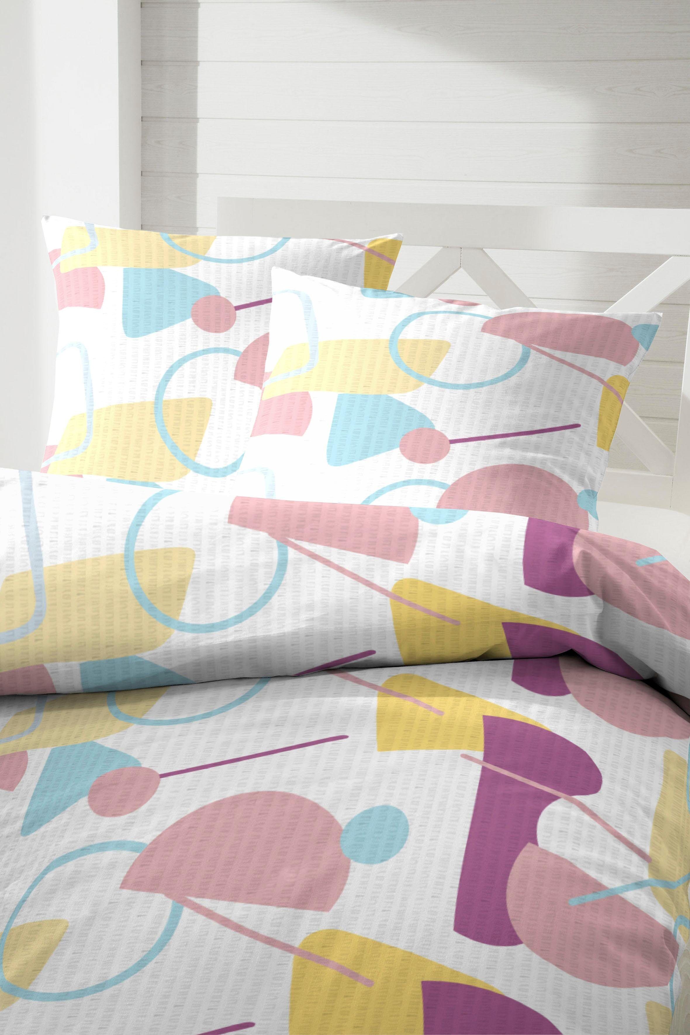 Bettwäsche PRIMERA "Form vollendet", bunt (rose, blau, gelb, weiß), B/L: 155cm x 220cm, 1 Stk., 1 Stk., Seersucker, B/L: 80cm x 80cm, 2 Stk., Seersucker, Obermaterial: 100% Baumwolle, Bettwäsche, Bettwäsche, im Bauhaus Look