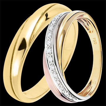 Edenly Saturne Trauring-Duo â€“ Gelbgold & Dreifarbiges Gold mit Diamanten â€“