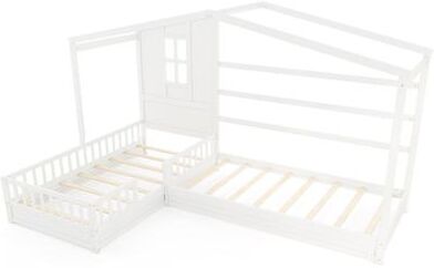 Costway L-shaped Double Twin Beds House Platform Beds with Fences Corner Bed Frame-White