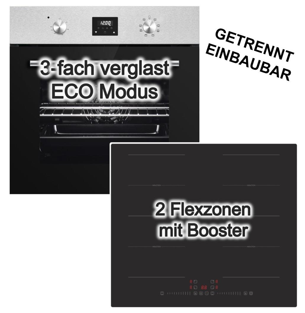 PKM Herdset Einbaubackofen Umluft LED Display 8 Funktionen + Induktionskochfeld Flex-Zonen