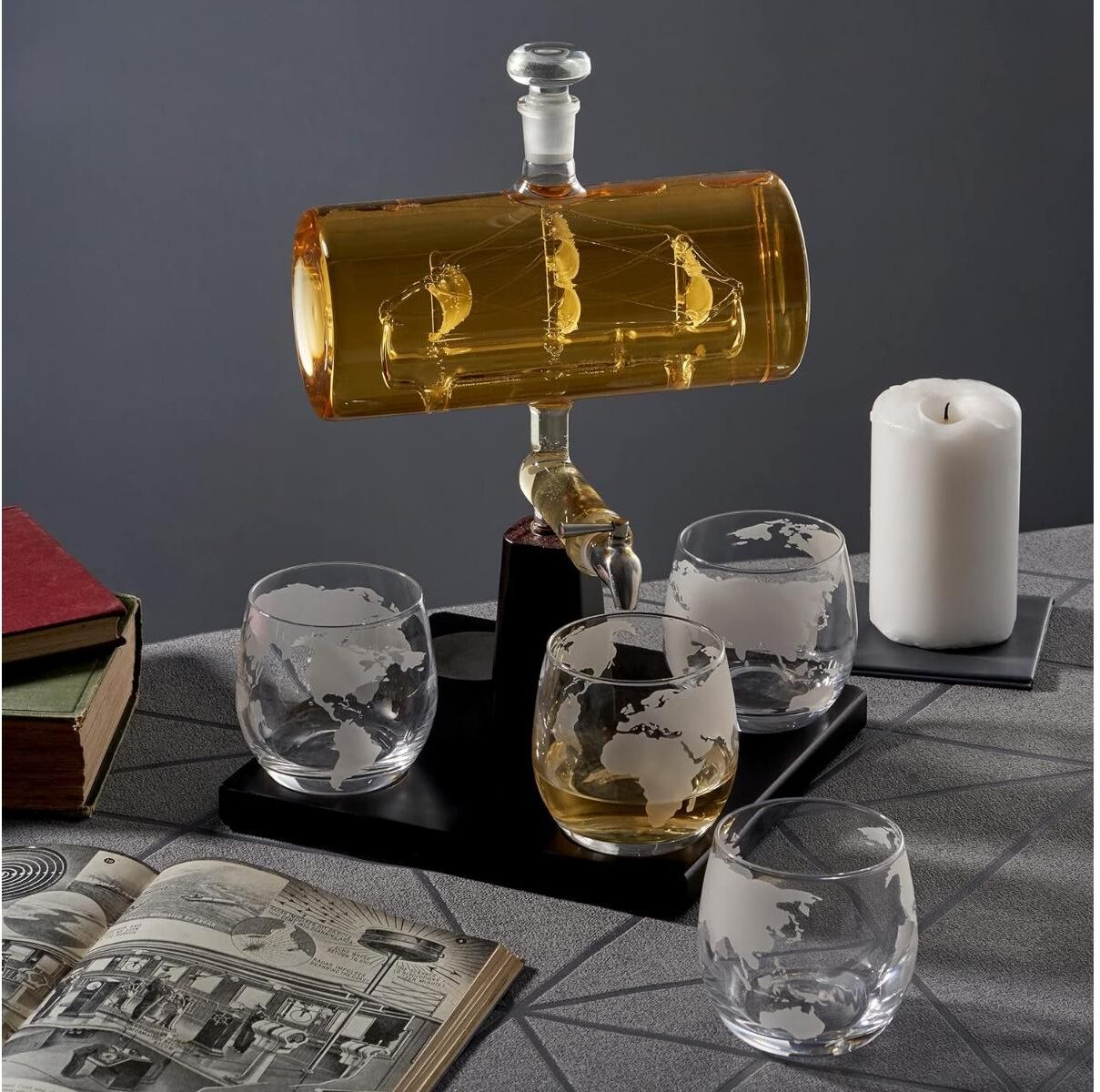 Dekanter "Oak & Steel Dekanter Schiff 1 l", transparent, 1.000ml, Glas, Holz, Karaffen, Dekanter transparent 1.000ml