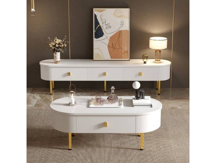 Combinaison légère et luxueuse d'un meuble TV et d'une table basse combinaison pour salon avec tiroirs coins arrondis - Blanc