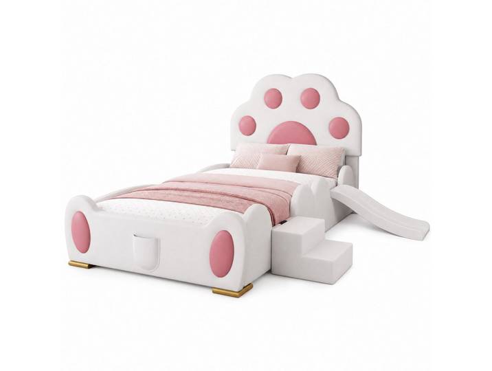 Stilvora Kinderbett 90/200 cm in Weiß & Rosa mit Rutsche, Leiter und Tasche im Katzenpfoten-Design, Weiß, Rosa, 90x200 cm, Babymöbel & Kindermöbel, Kinderzimmer & Jugendzimmer, Kinderbetten