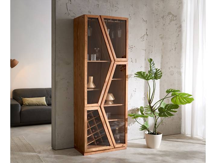 DELIFE Vitrine Taza 75x210 cm Akazie Natur 4 Türen Barschrank, Vitrinen