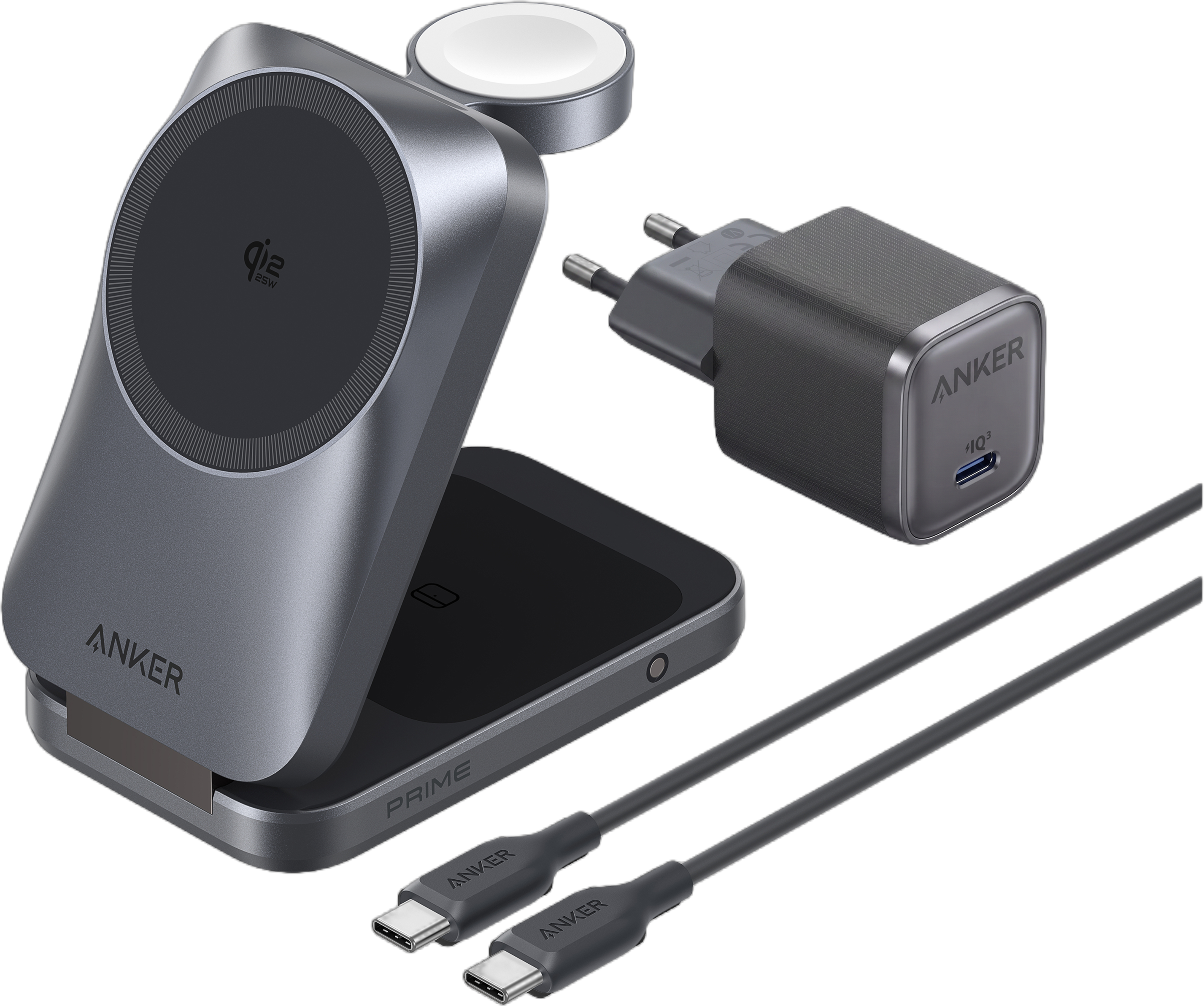 eufy Anker Prime Kabellose Ladestation  (3-in-1, MagGo, AirCool, Faltbar) Nebelgrau