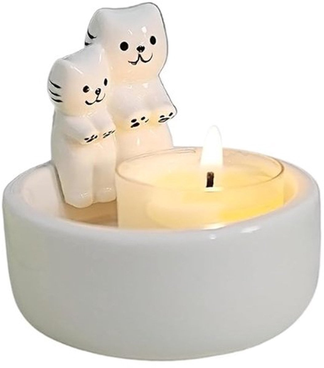 Handgemaakte Keramische Kat Kandelaar - Wit - Decoratieve Thee Kaars Houder