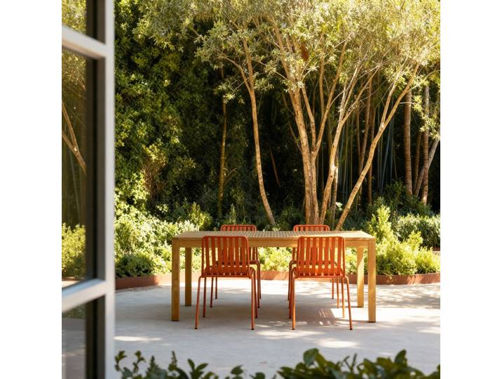 Gartenmöbel Set aus massivem Teak und orangefarbenem Metall 4 Stühle Teo - Orange - Teak