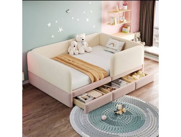 Norevia Lit Enfant 140x200 cm Rose en Velours Capitonné avec Tiroirs Bords Arrondis Lit Ado Fille