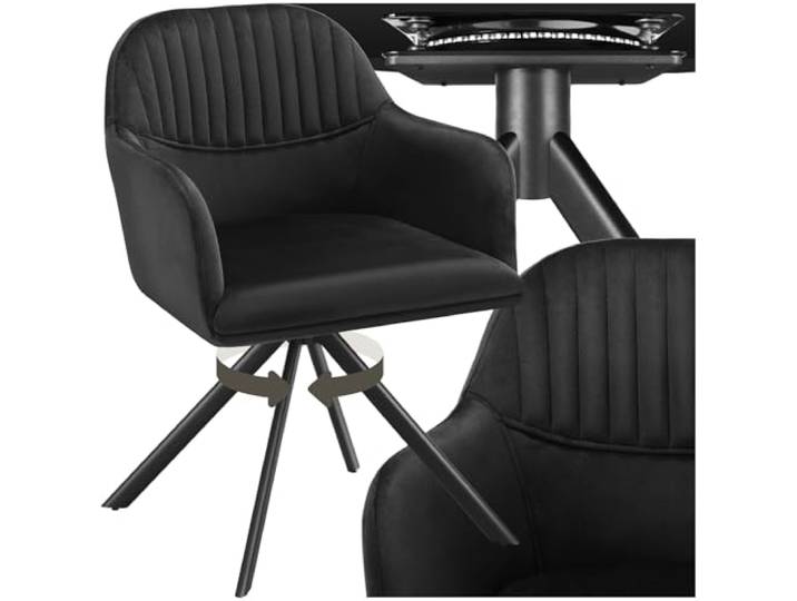 tectake® Samt-Drehstuhl gepolstert, mit durchgehender Lehne, 360° drehbar schlanke Stahlbeine, bodenschonende Kappen, Belastbarkeit 120 kg, 56 x 59 x 81 cm, dicke Polsterung - schwarz/schwarz