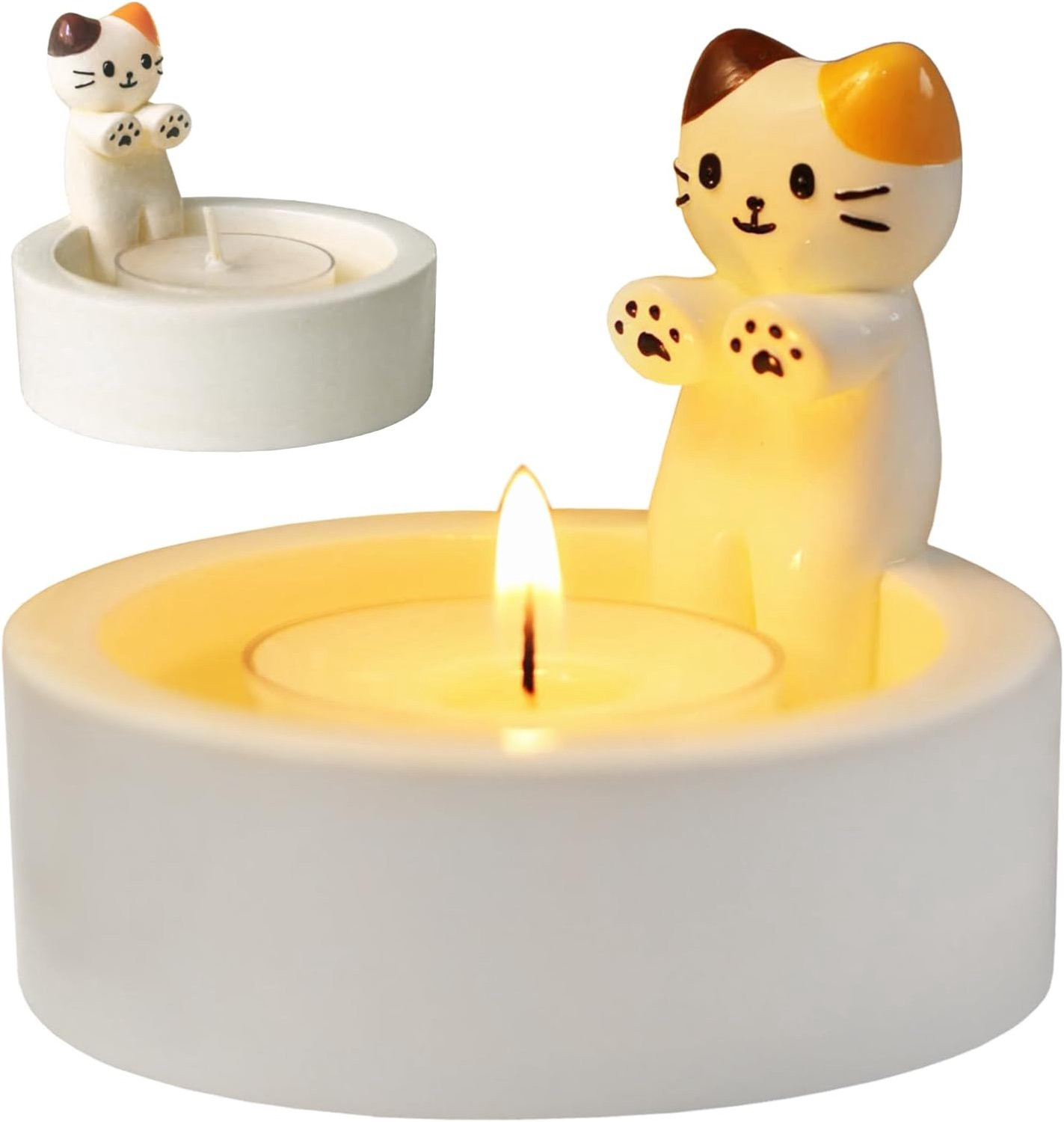 Handgeschilderde Katten Theelichthouder - Cartoon Kat Kaarsenhouder van Hars - Sfeervolle Decoratie