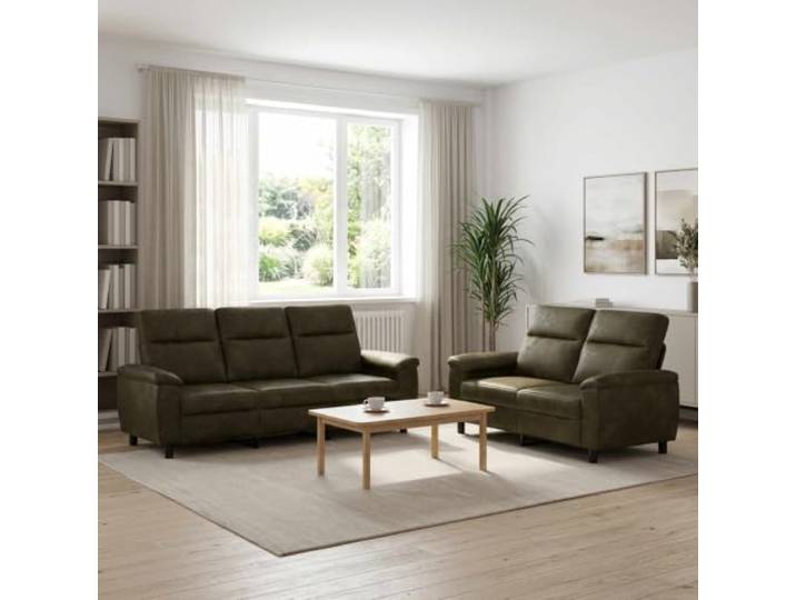 Sofa-Set 2 pcs Olivegrün Kunstwildleder Metallrahmen,Kissenrücken mit Faserfüllung,Armlehnen aus Sperrholz,abnehmbare Bezüge mit Reißverschluss