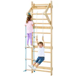 VEVOR schwedische Leiterwand 4 in 1 8-stufiges Kletterspielzeug aus Massivholz 100 kg belastbares Indoor-Klettergerüst mit Turnringen Klimmzugstange Strickleiter Wandleiter