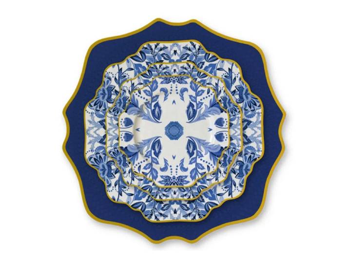 Quality Elegance Teller-Set Exquisites Luxus Blau Blumengeschirr mit Goldrand (4-tlg)